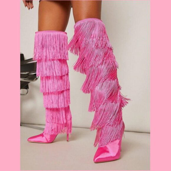 Gogo Fringed Thread Tassle OTK Thigh High Pink Satin High Heel Boots - Picture 8 of 14